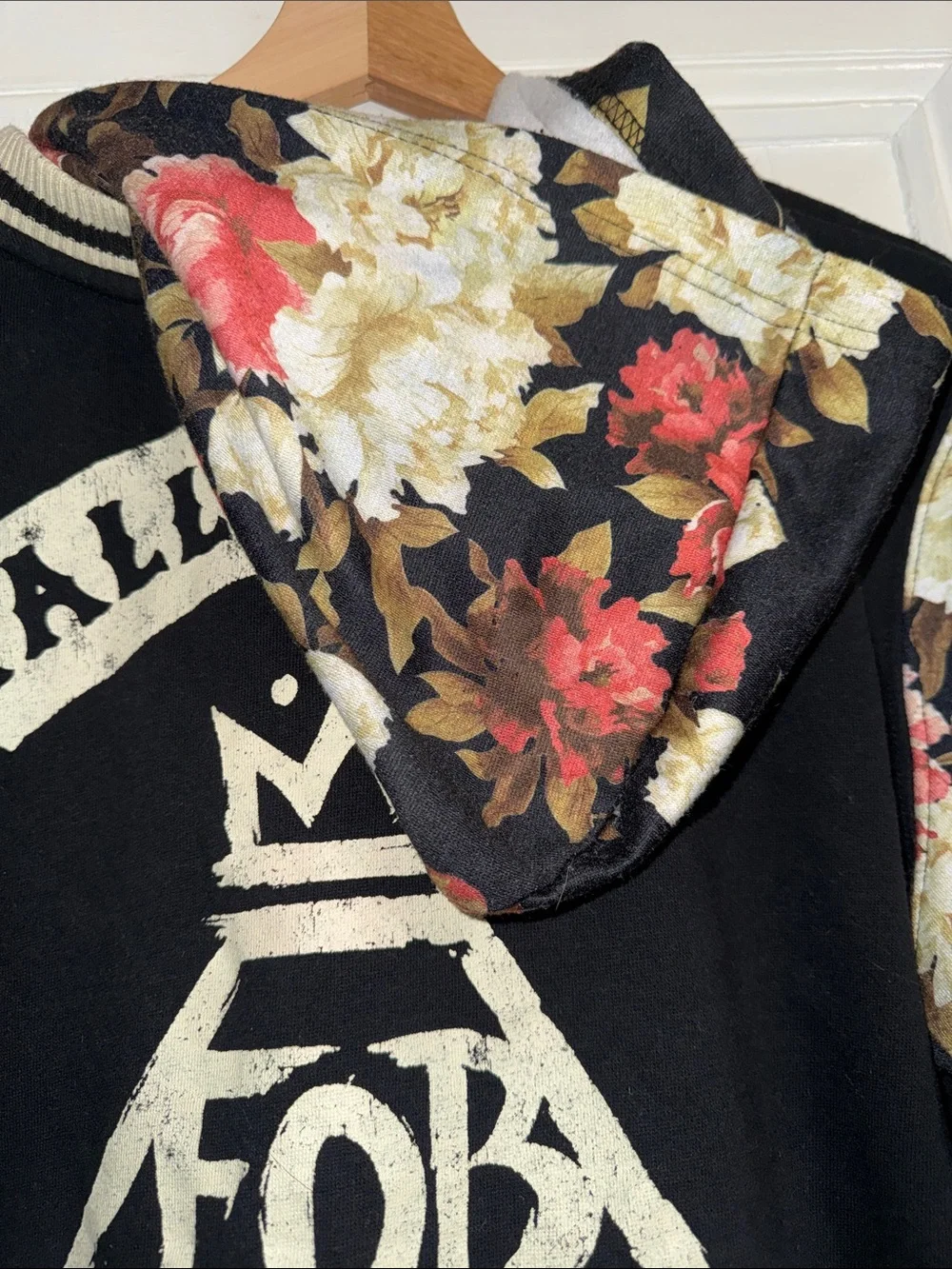 Rare Fall Out Boy Floral Sleeve Varsity Letterman Hooded Jacket Band Merch XL